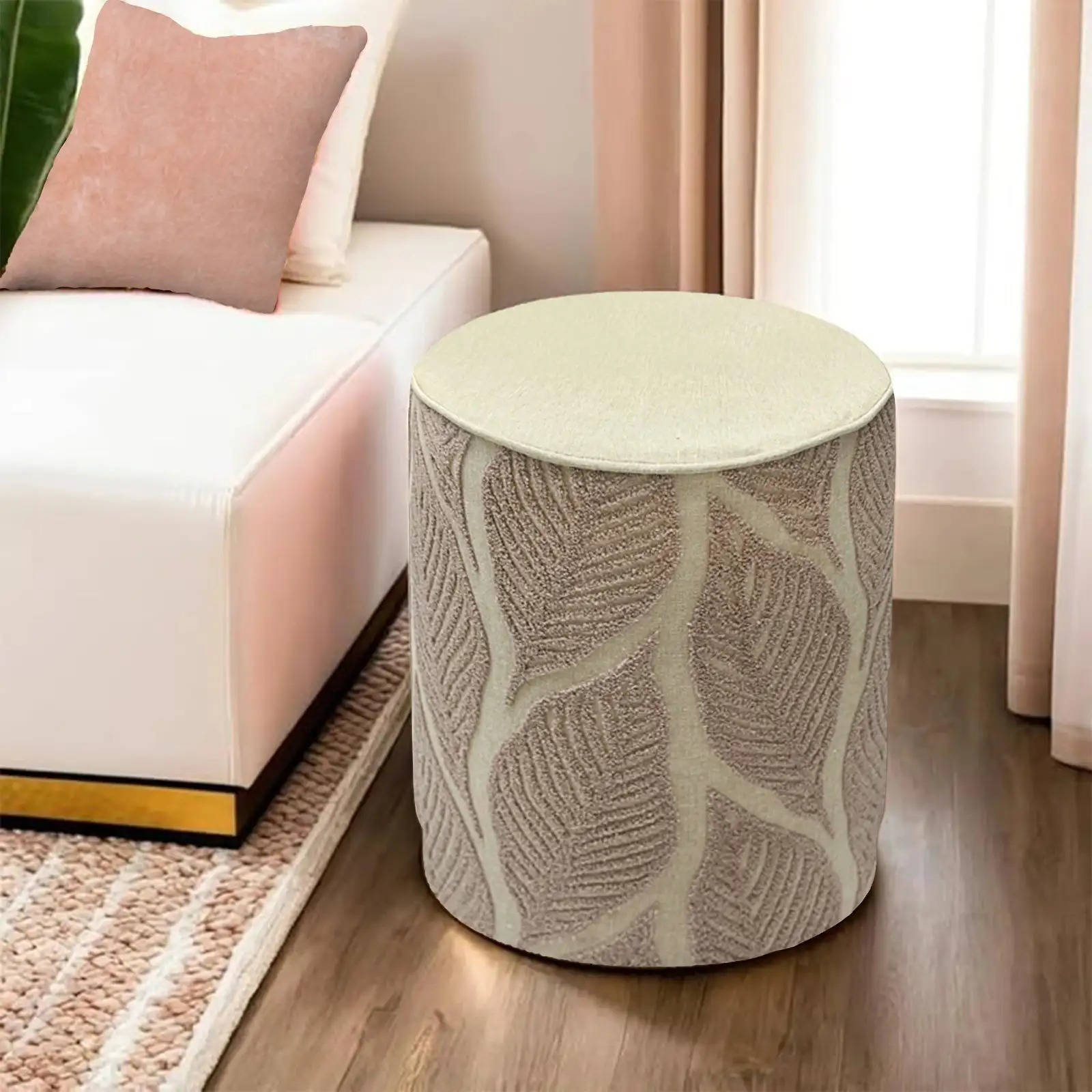 Textured Leaf Design Pouf-Earthy Elegances Meets Comforts Neutral Tones With Raised Leaf Embroidery for a Chic Modern Touch