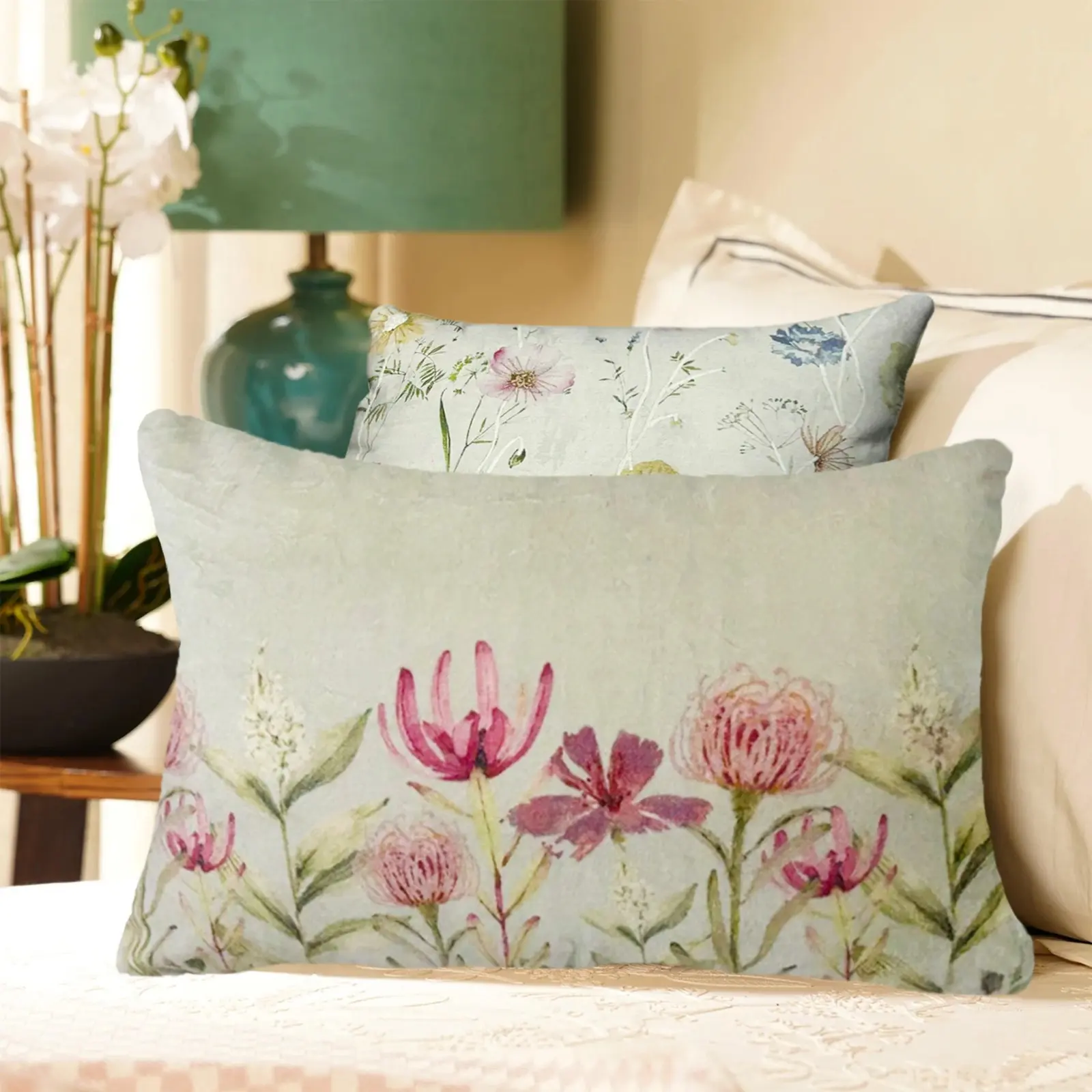 Premium Velvet Pink Botanical Floral Print Cushion W/ Filler: Set of 2 (16×24 inch), Soft Pastel Green in Rectangular shape