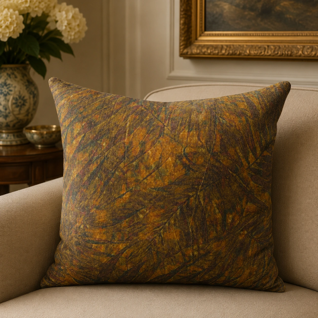 Luxury Velvet Abstract Leaf Print Cushion W/ Filler: Set of 2, Soft Decorative Throw Pillow Cover with Rich Autumn Tones For sofa, couch or Bedroom