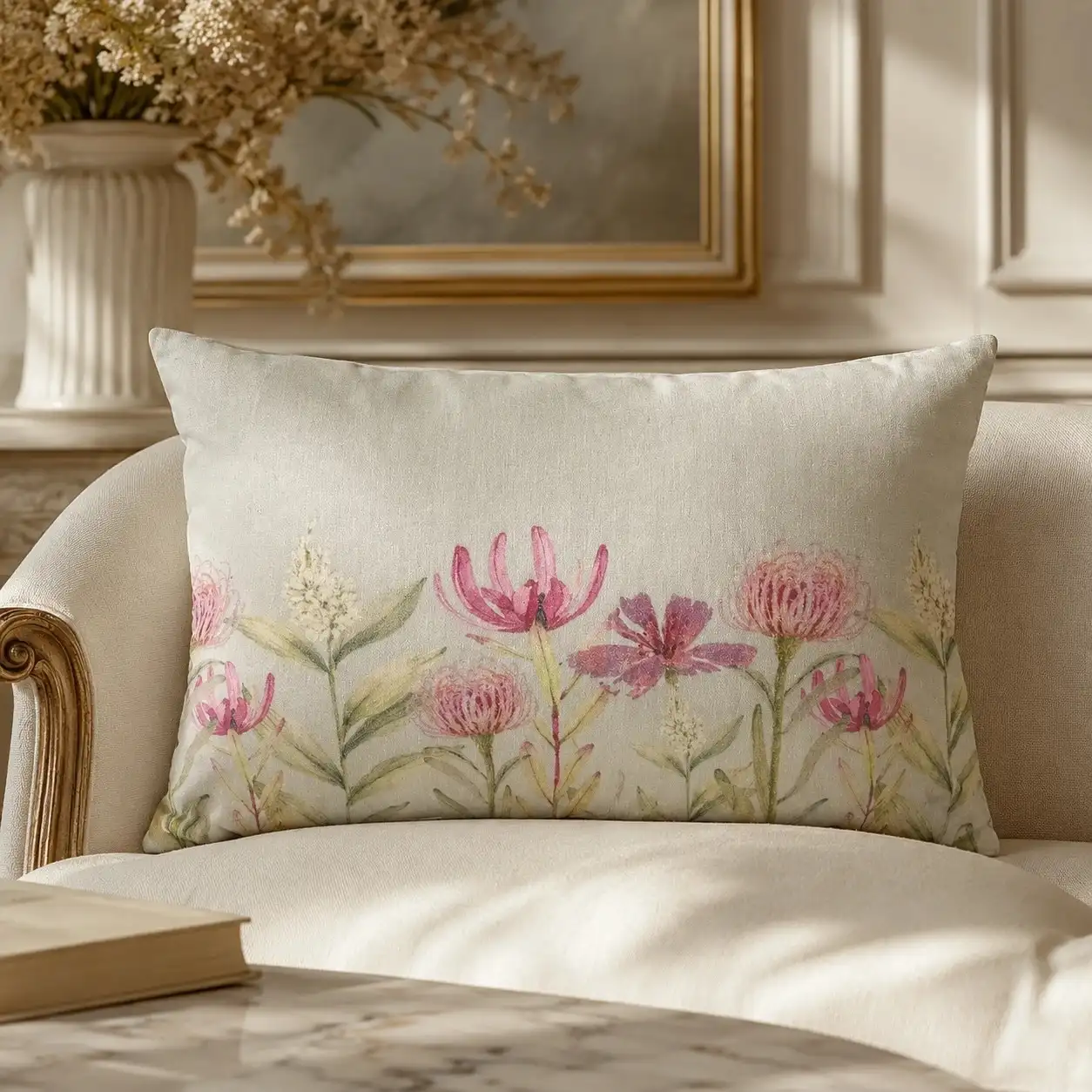 Premium Velvet Pink Botanical Floral Print Cushion W/ Filler: Set of 2, Soft Pastel Green in Rectangular shape