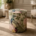Peacock Paradise Embroidered Pouf Masterpiece in Fabric Vibrant Peacock and Floral Embroidery Make This Ottoman Luxurious Focal Point for Your Living Spaces