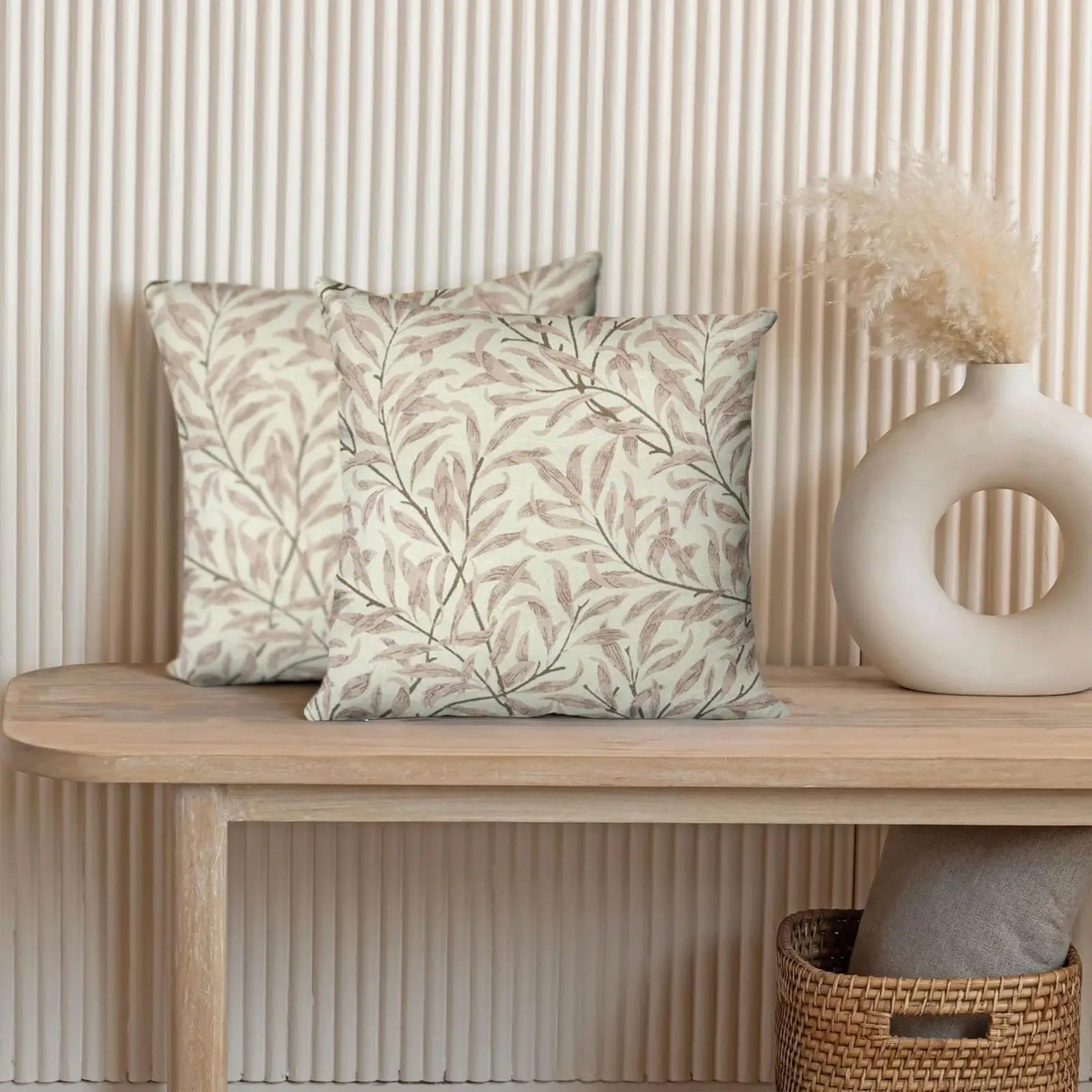 Premium Leaf Pattern Cushion W/ Filler: Set of 2 (20×20 Inch), Beige & Brown, Best Elegant Sofa Decor