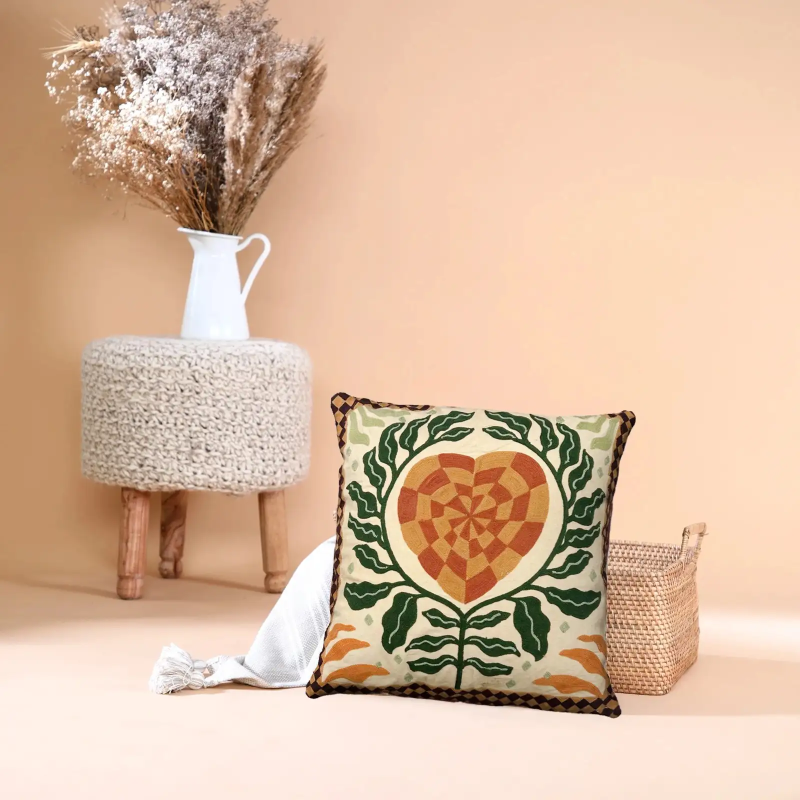 Premium Handcrafted Abstract Floral Embroidered Cushion W/ Filler: Set of 2 (20×20 inch)