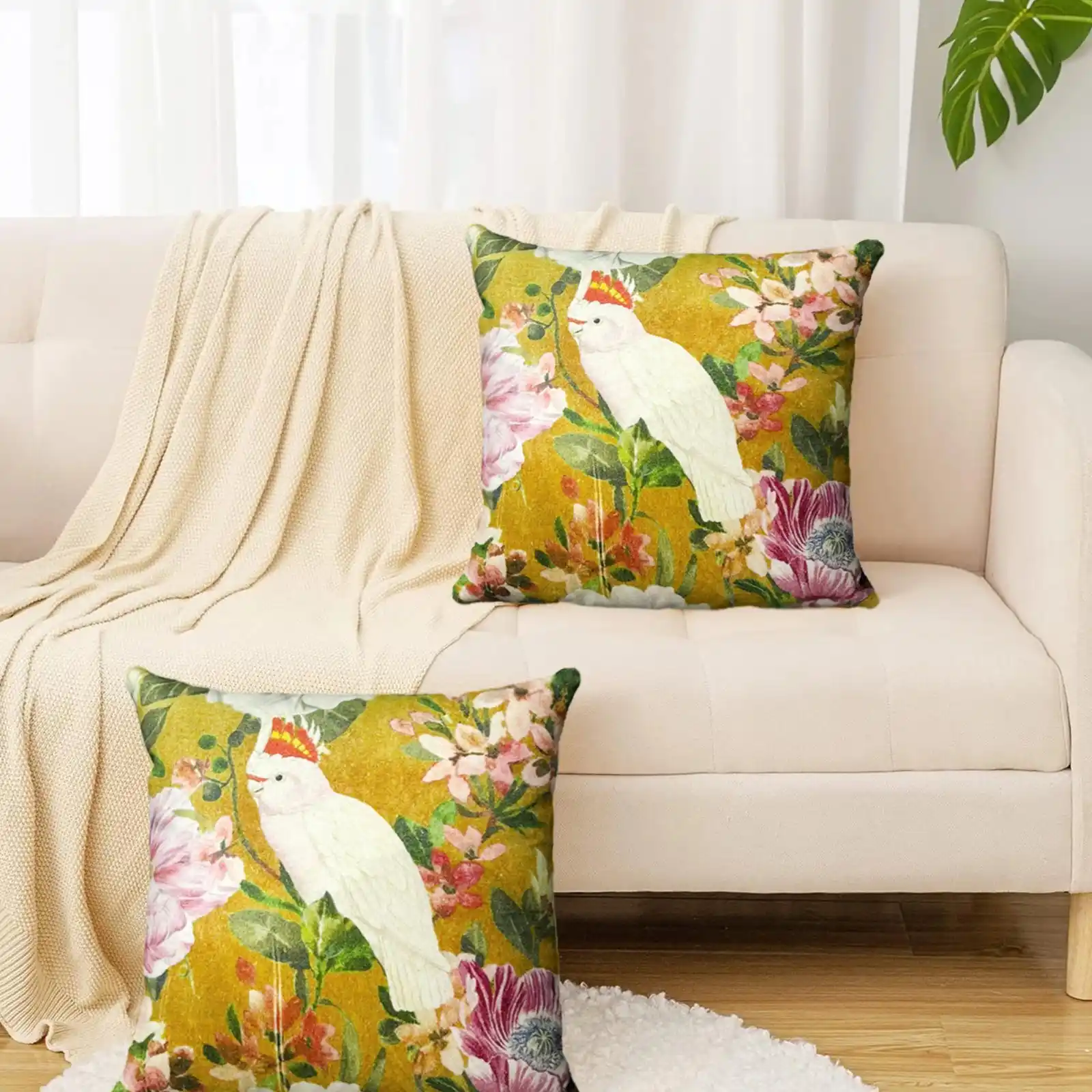 Velvet Bird & Floral Print Cushion W/ Filler: Set of 2 (18×18 Inches)