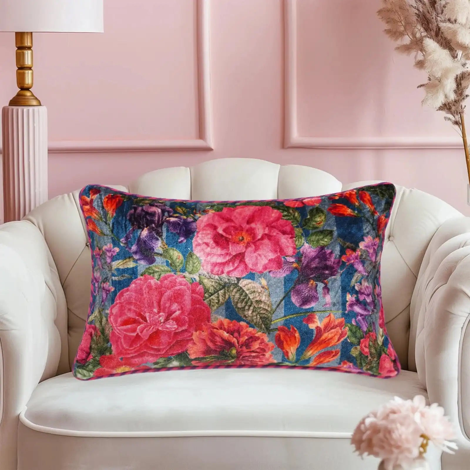 Viscose Velvet Floral Multicolor Cushion W/ Filler: Set of 2 (12×20 Inches), Soft & Premium Look rectangular shape.