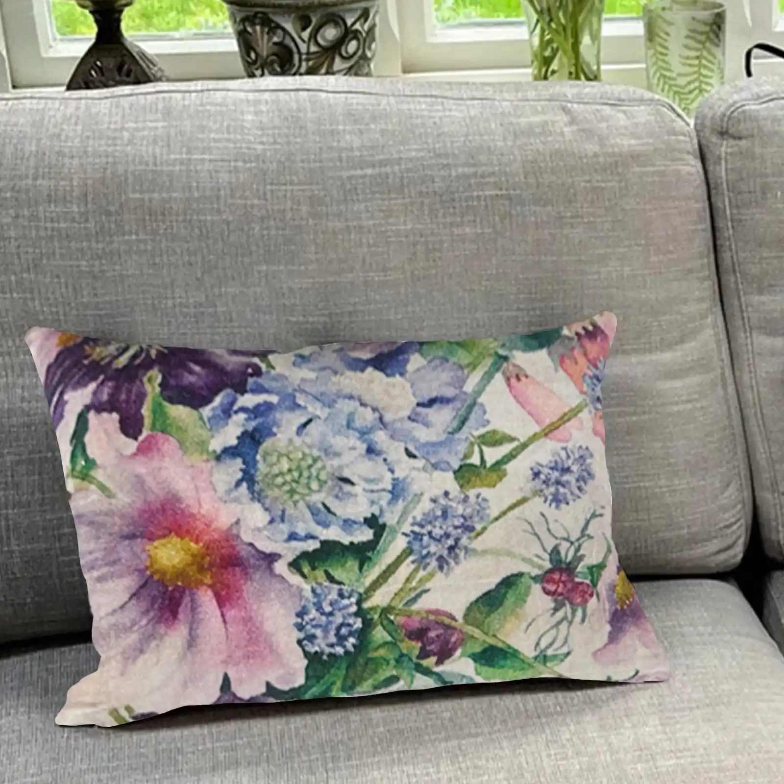 Premium Multicolor Botanical Print Velvet Floral Cushion W/ Filler: Set of 2 (12 x 20 Inch)