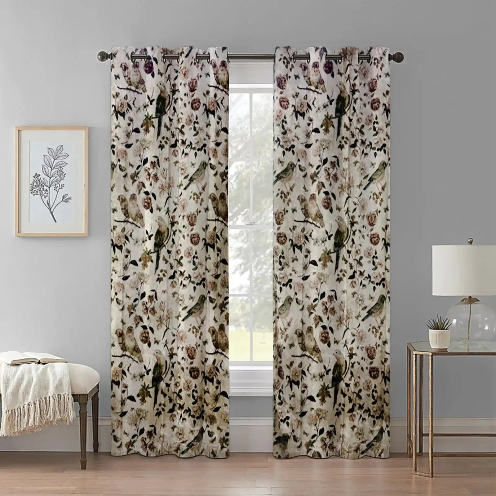 Product Title Vintage Bird print with Floral curtain