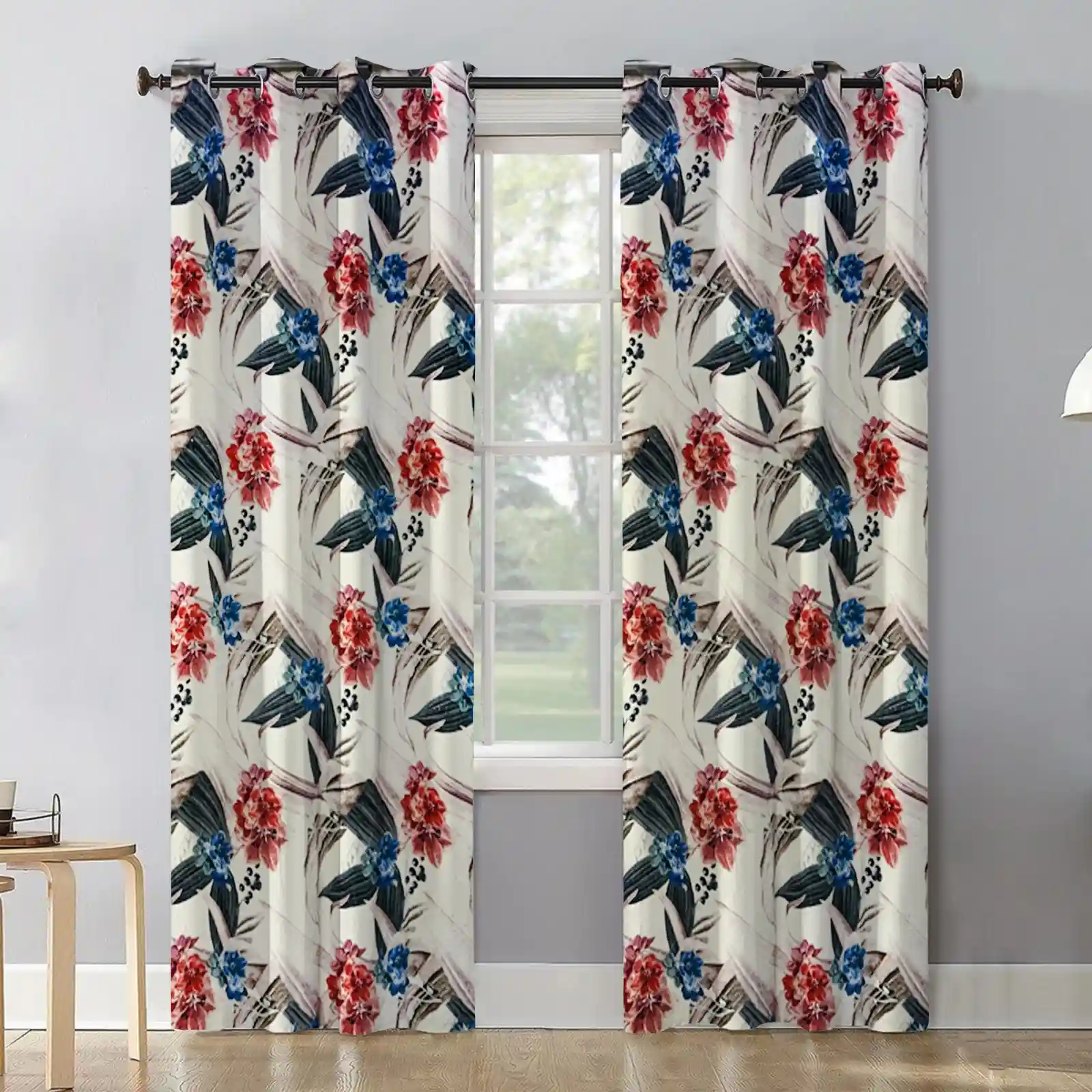 Bold floral Bloom curtain with Red & Blue Accents