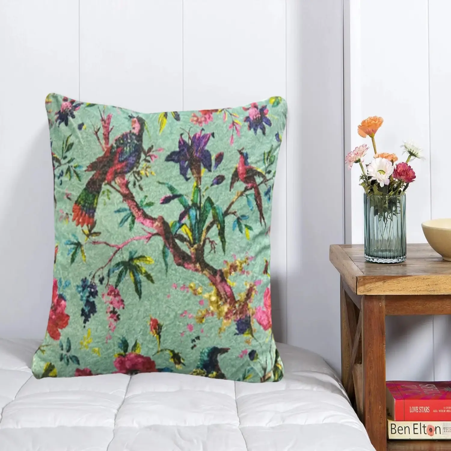 Vintage bird & floral printed velvet cushion W/ Filler: Set of 2 (18 x 18 inches), Soft green dual side design