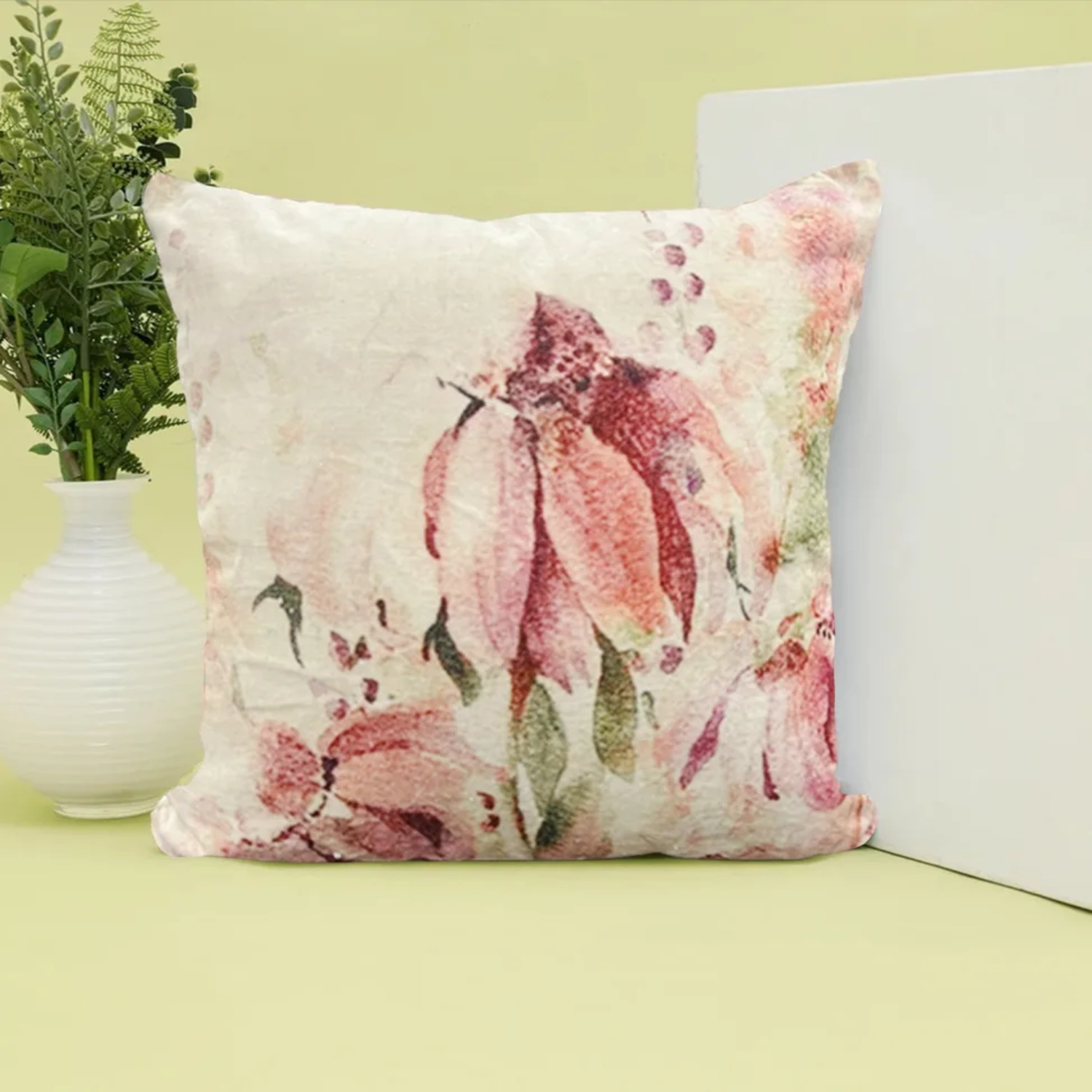 Velvet Blush Pink Watercolor Floral Print Cushion W/ Filler: Set of 2 (18 x 18 Inch), Soft and Elegant Pillow