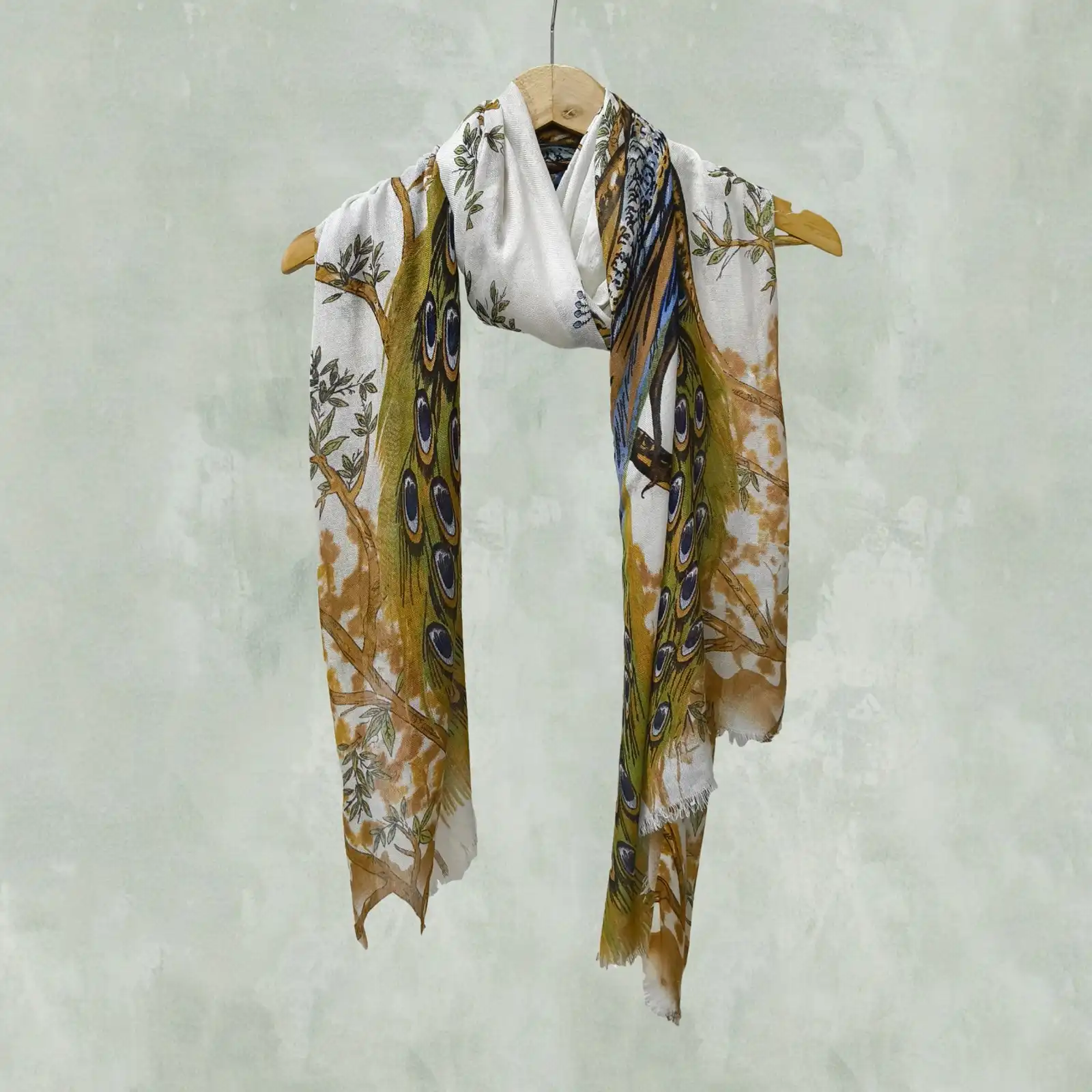White Scarf with Peacock Feather & Tree Print
