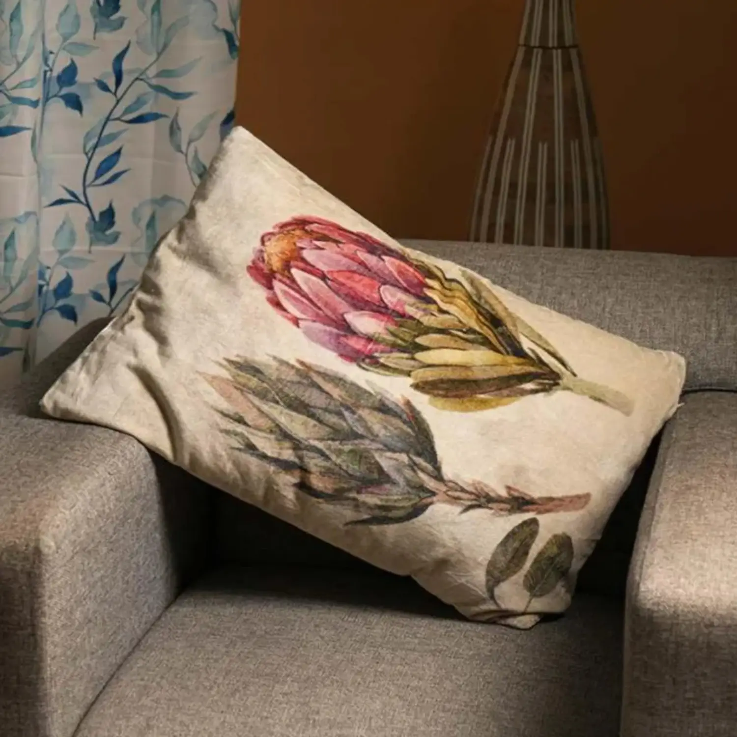 Velvet Vintage Protea Flower Print Cushion W/ Filler: Set of 2 (16 x 24 Inch), Botanical Decorative Pillow