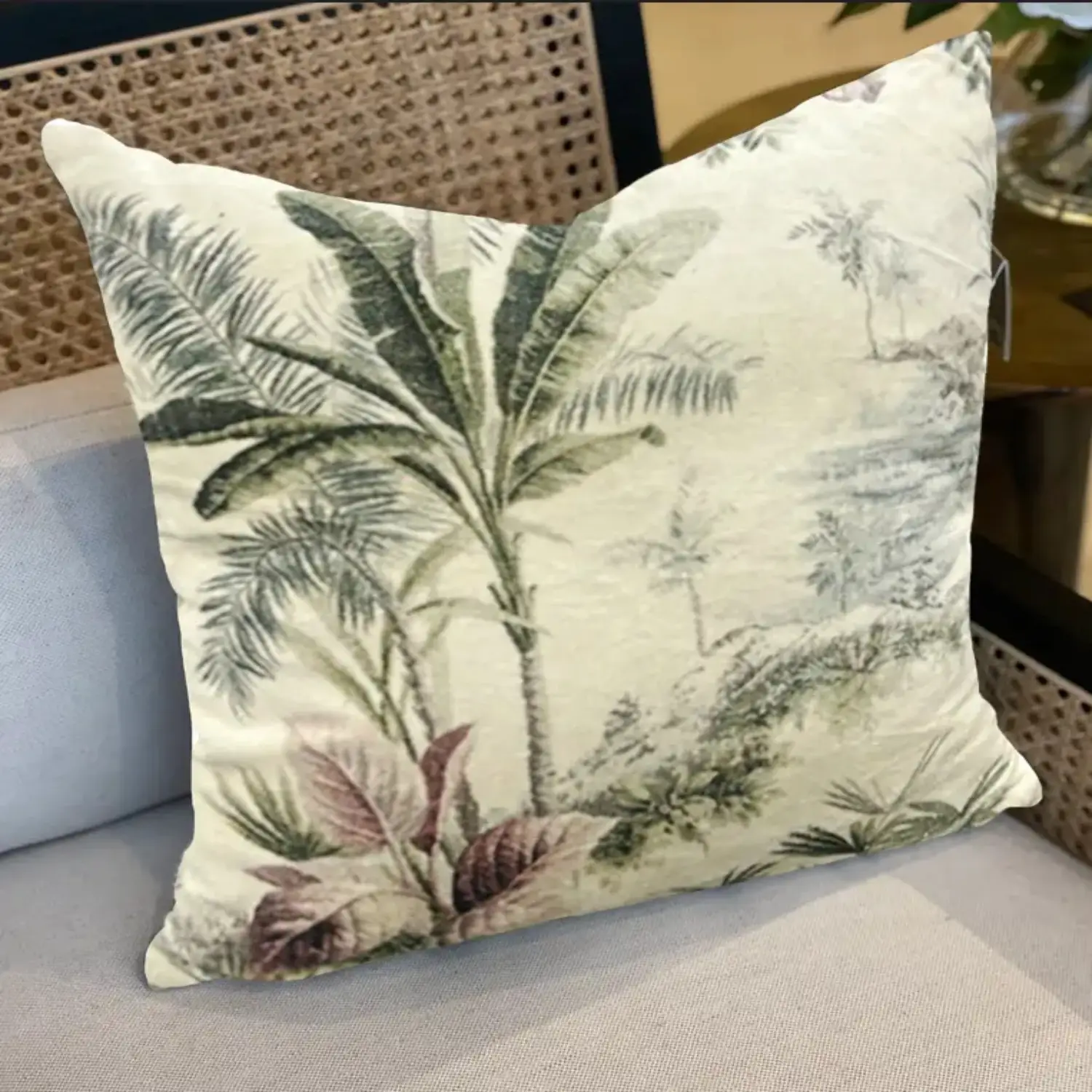 Tropical Forest Print Velvet Cushion W/ Filler: Set of 2 (18 x 18 Inches), Vintage Palm Tree Design