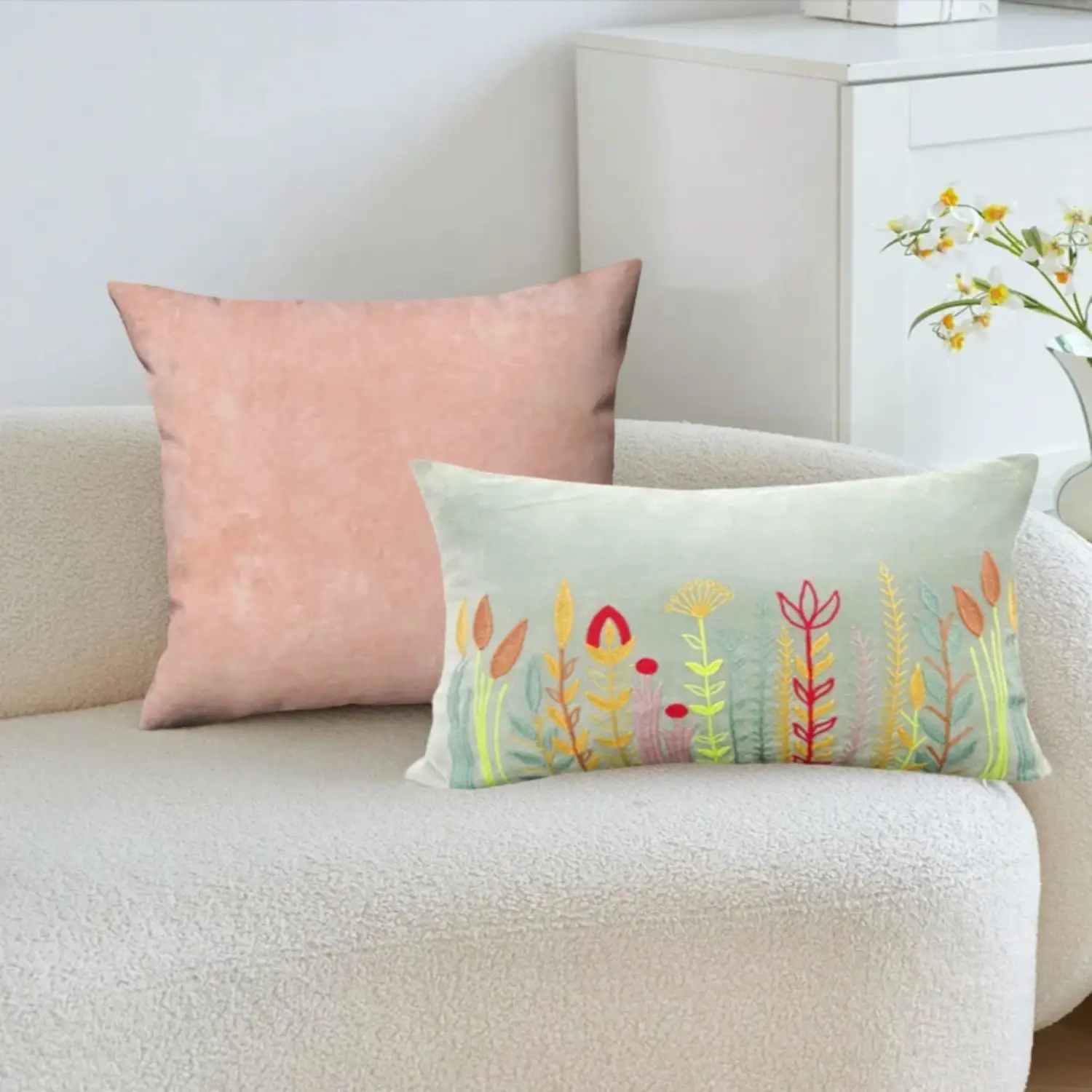 Velvet Colorful Embroidered Floral Motifs Cushion W/ Filler: Set of 2 (16 x 24 Inch), Botanical Accent Pillow