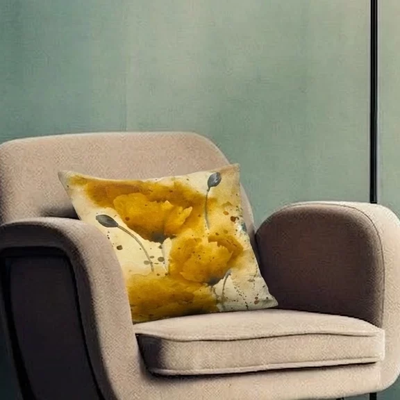 Abstract Golden Poppy Cushion W/ Filler: Set of 2, Watercolor Art Velvet Pillow for Modern Living Spaces.