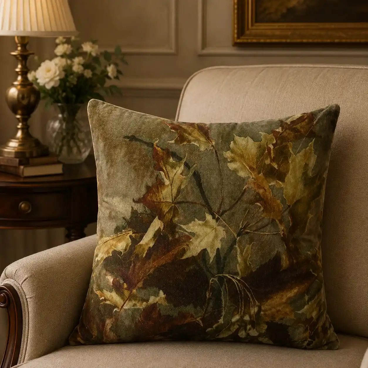 Autumn Leaf Cotton-Velvet Cushion W/ Filler: Set of 2