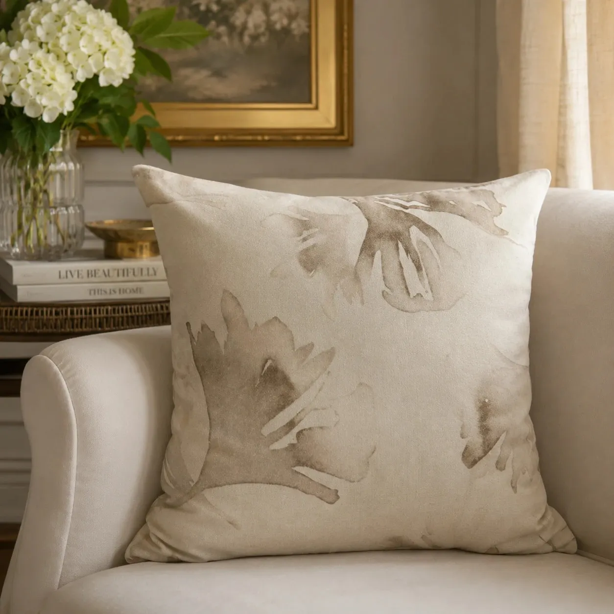 Beige Watercolor Floral Cushion W/ Filler: Set of 2