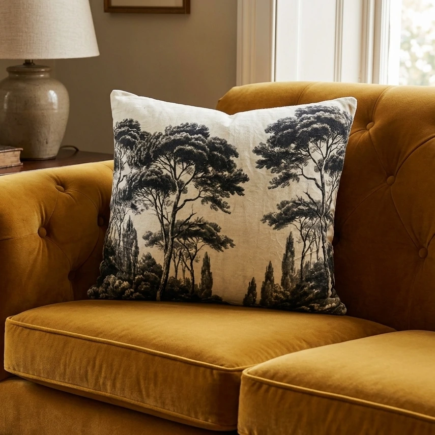 Black & White Forest Print Cushion W/ Filler: Set of 2 (18 x 18 inch), Monochrome Velvet Landscape Pillow