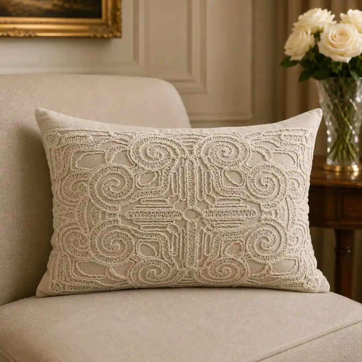 Boho Tufted Cushion W/ Filler: Set of 2 | Beige Cotton chambray Pillow Cover with Textured Embroidery