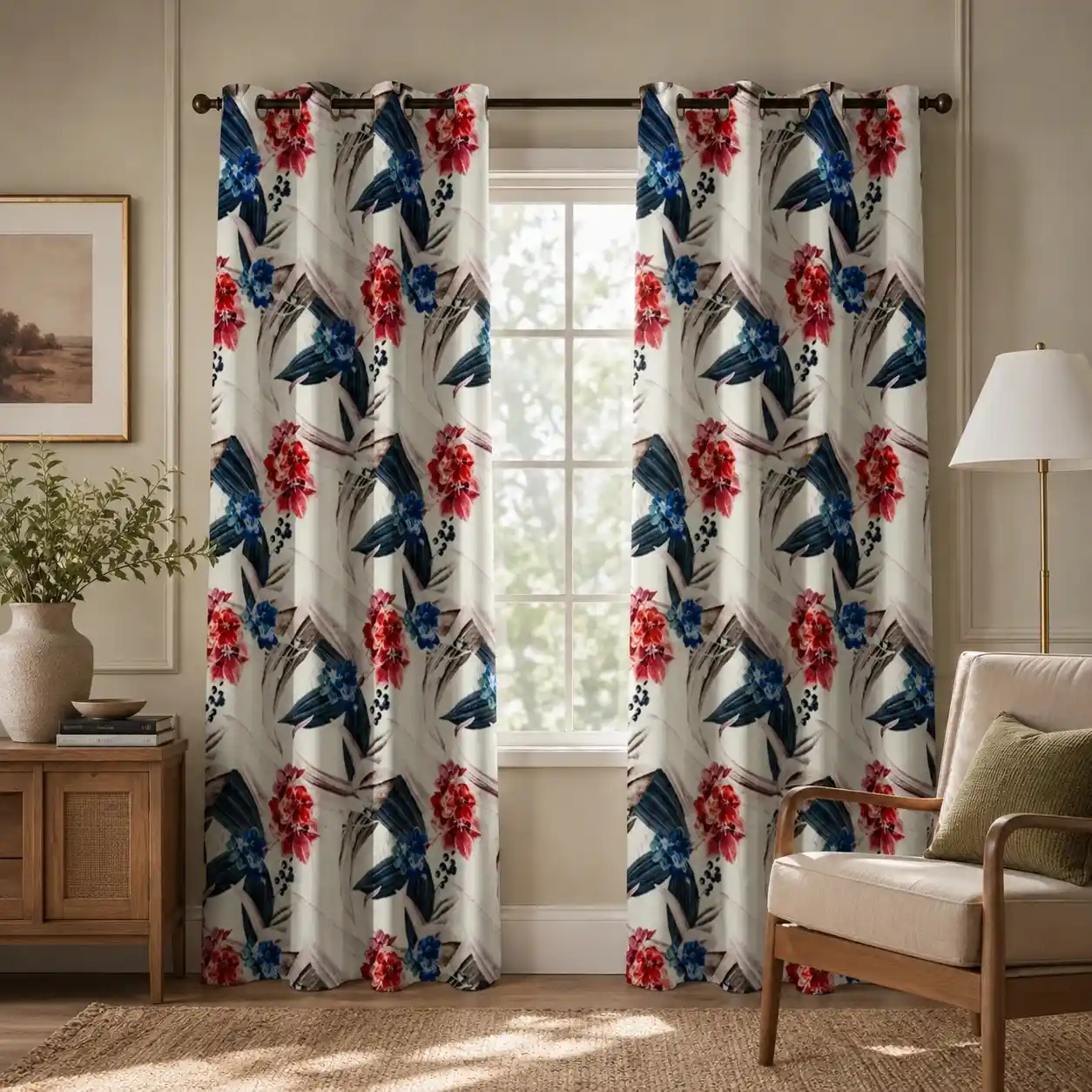 Bold floral Bloom curtain with Red & Blue Accents Home Decorations