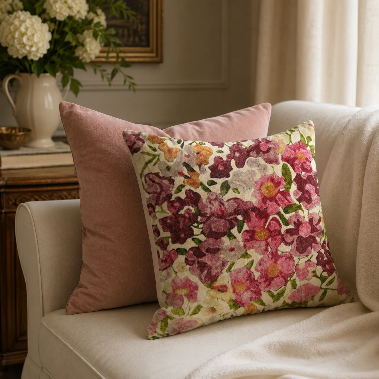 Cotton Velvet Floral Cushion W/ Filler: Set of 2