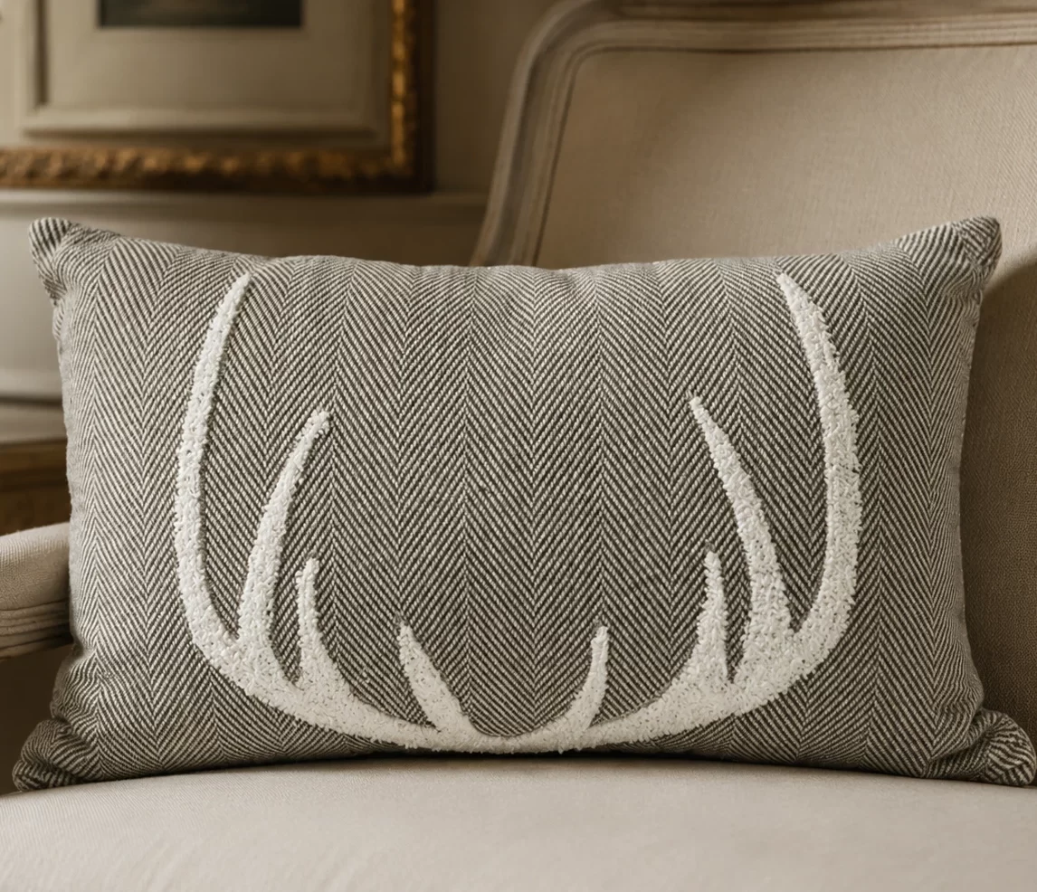 Decorative White Antler Embroidery Grey Cushion W/ Filler: Set of 2, Rustic Winter Lodge Style