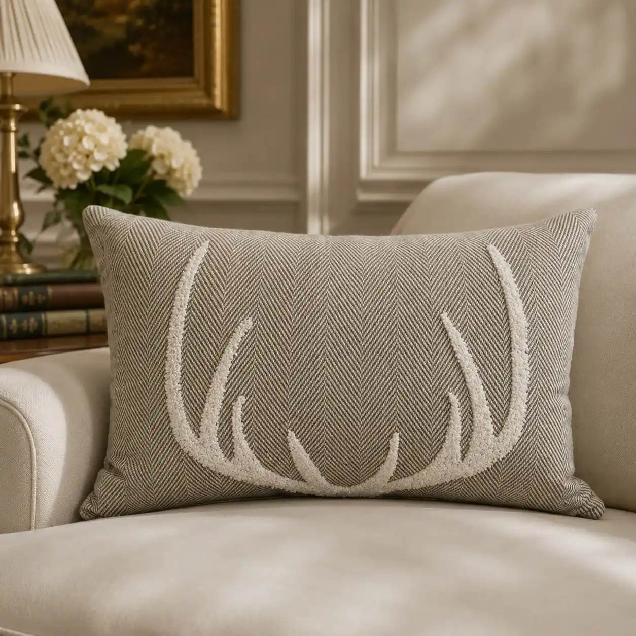 Decorative White Antler Embroidery Grey Cushion W/ Filler: Set of 2, Rustic Winter Lodge Style