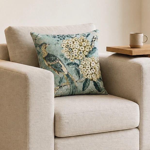 Elegant Bird and Floral Print Velvet Cushion W/ Filler: Set of 2 (18 x 18 inch), Dual side design (Printed floral and plain Back)