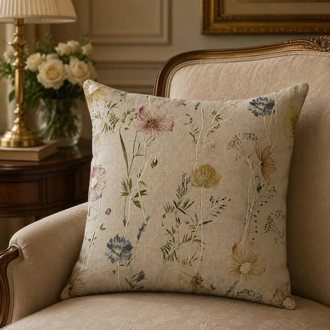 Elegant Floral Embroidered Cushion W/ Filler: Set of 2 | Premium Cotton Linen | Zipper Closure.