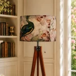 Elegent-Velvet-Drum-Lampshade-With-Majestic-Peacock-Floral-Print-soft-Pastel-Theme-Premium-Handmade-Lighting-Accent