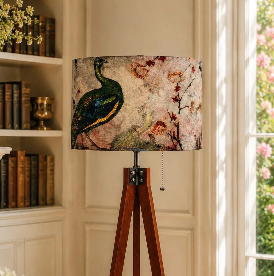 Elegent Velvet Drum Lampshade With Majestic Peacock Floral Print-soft Pastel Theme, Premium Handmade Lighting Accent.