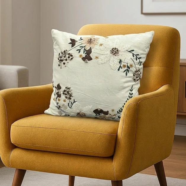 Embroidered Cream Cotton Floral Cushion W/ Filler: Set of 2 Elegant Pillow for Sofa, Couch, or Bed.