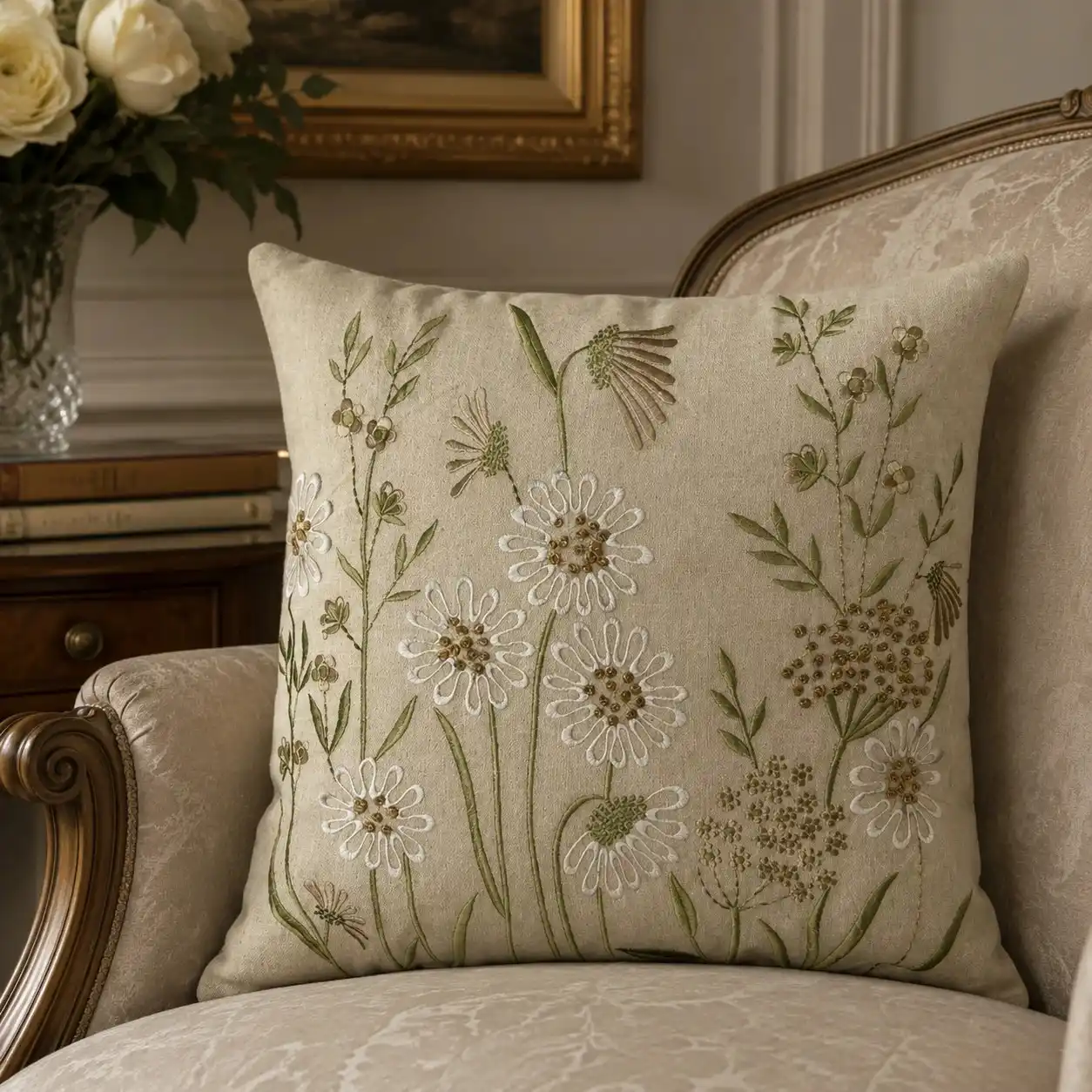 Embroidered Floral Beige Cushion W/ Filler: Set of 2