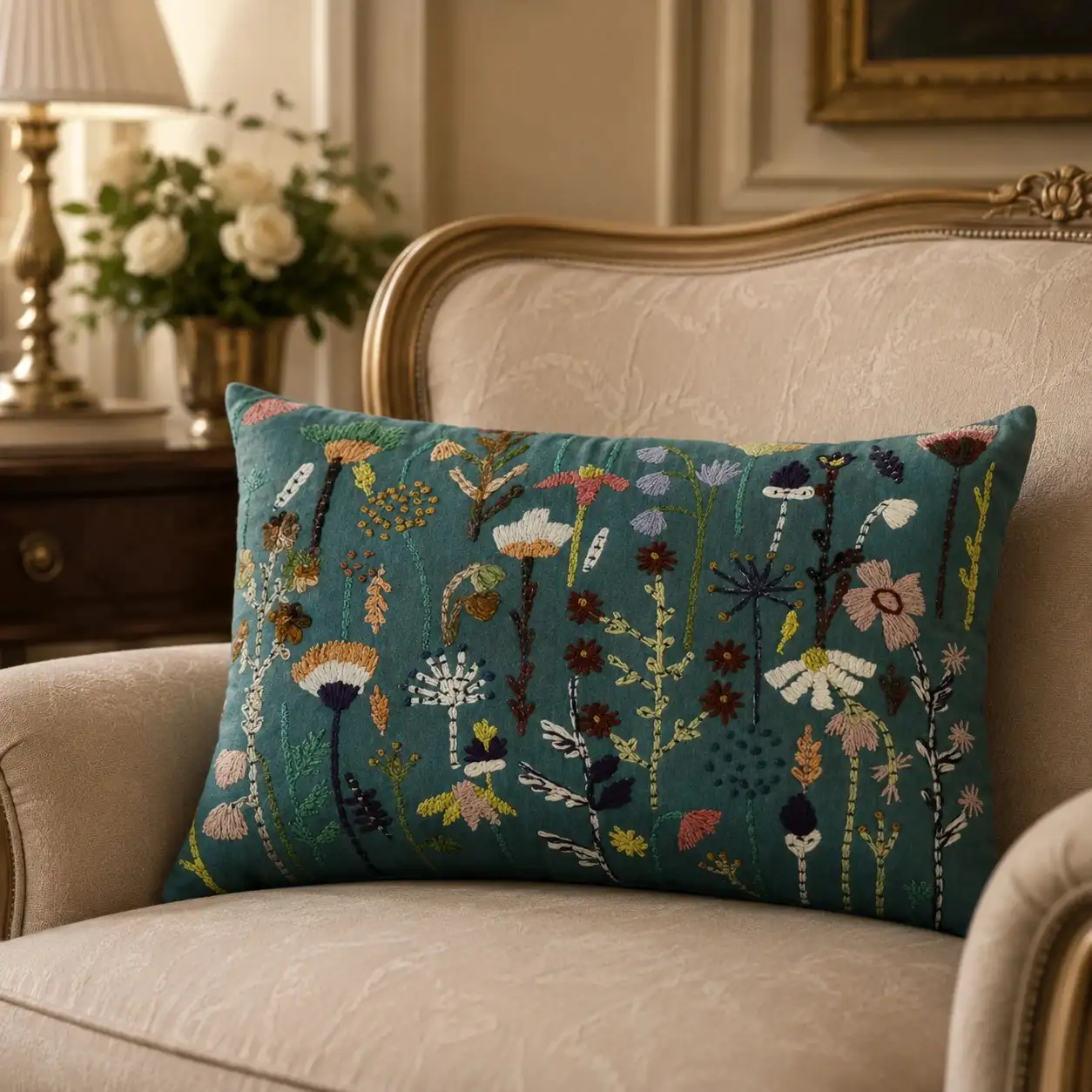 Embroidered Floral Cushion W/ Filler: Set of 2