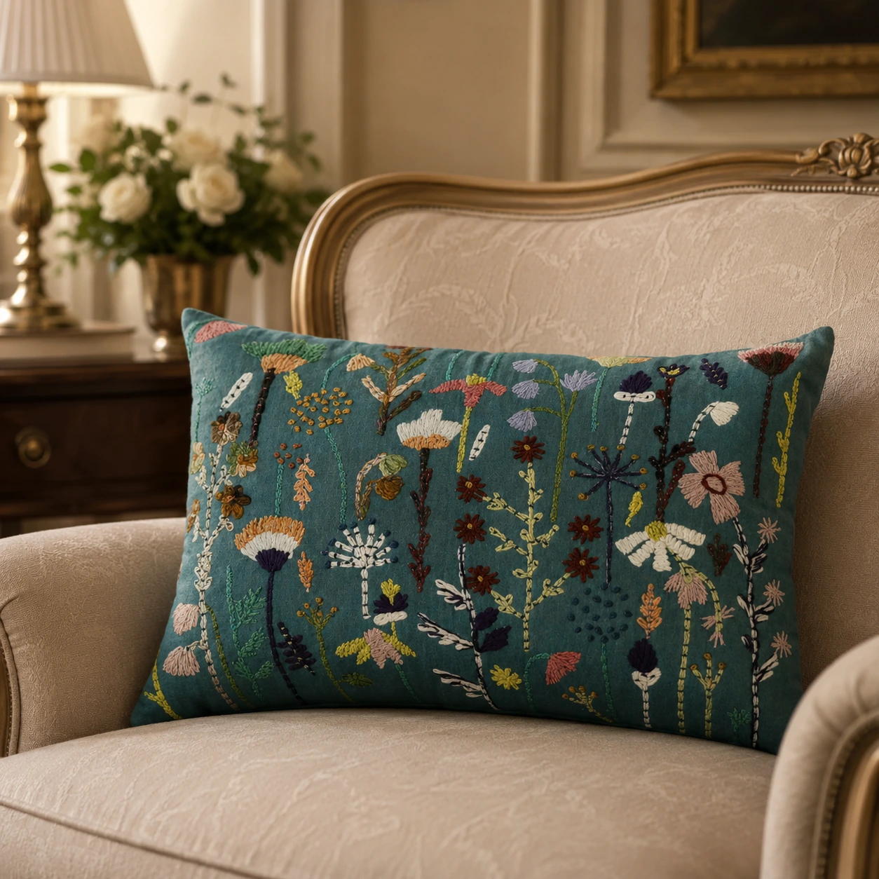 Embroidered Floral Cushion W/ Filler: Set of 2