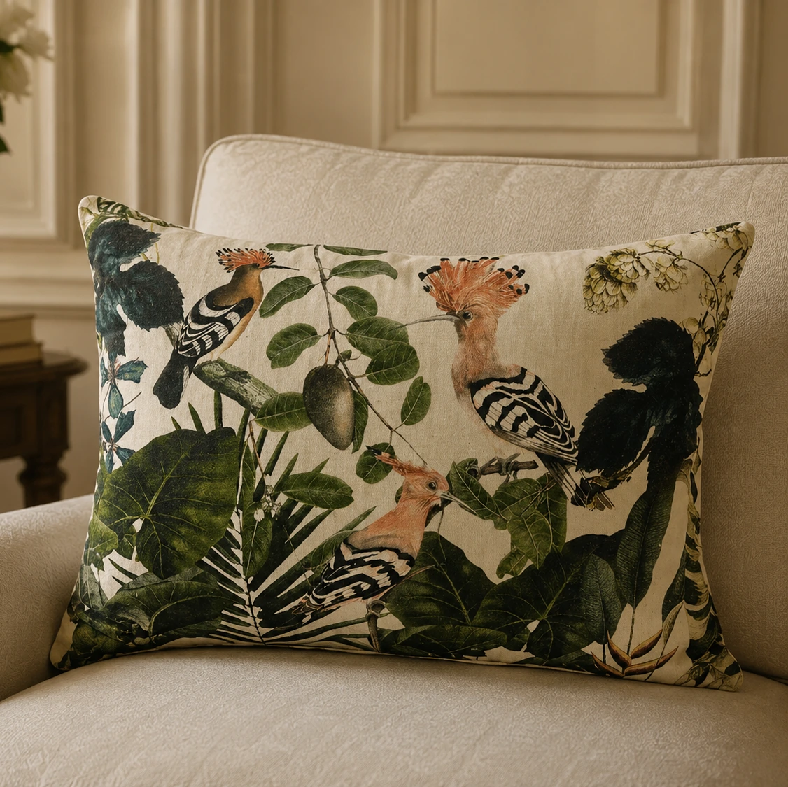 Exotic Hoopoe Bird Jungle Print Cushion W/ Filler: Set of 2, Decorative Pillow for Boho & Tropical Homes