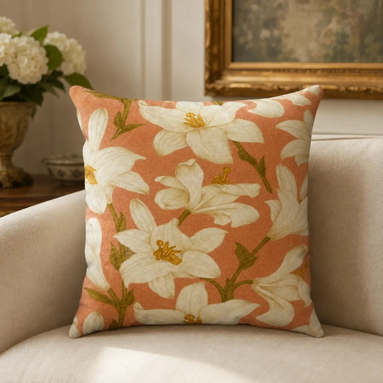 Floral Bliss Peach Base with White Lilies Cushion W/ Filler: Set of 2 | Cotton Velvet Touch