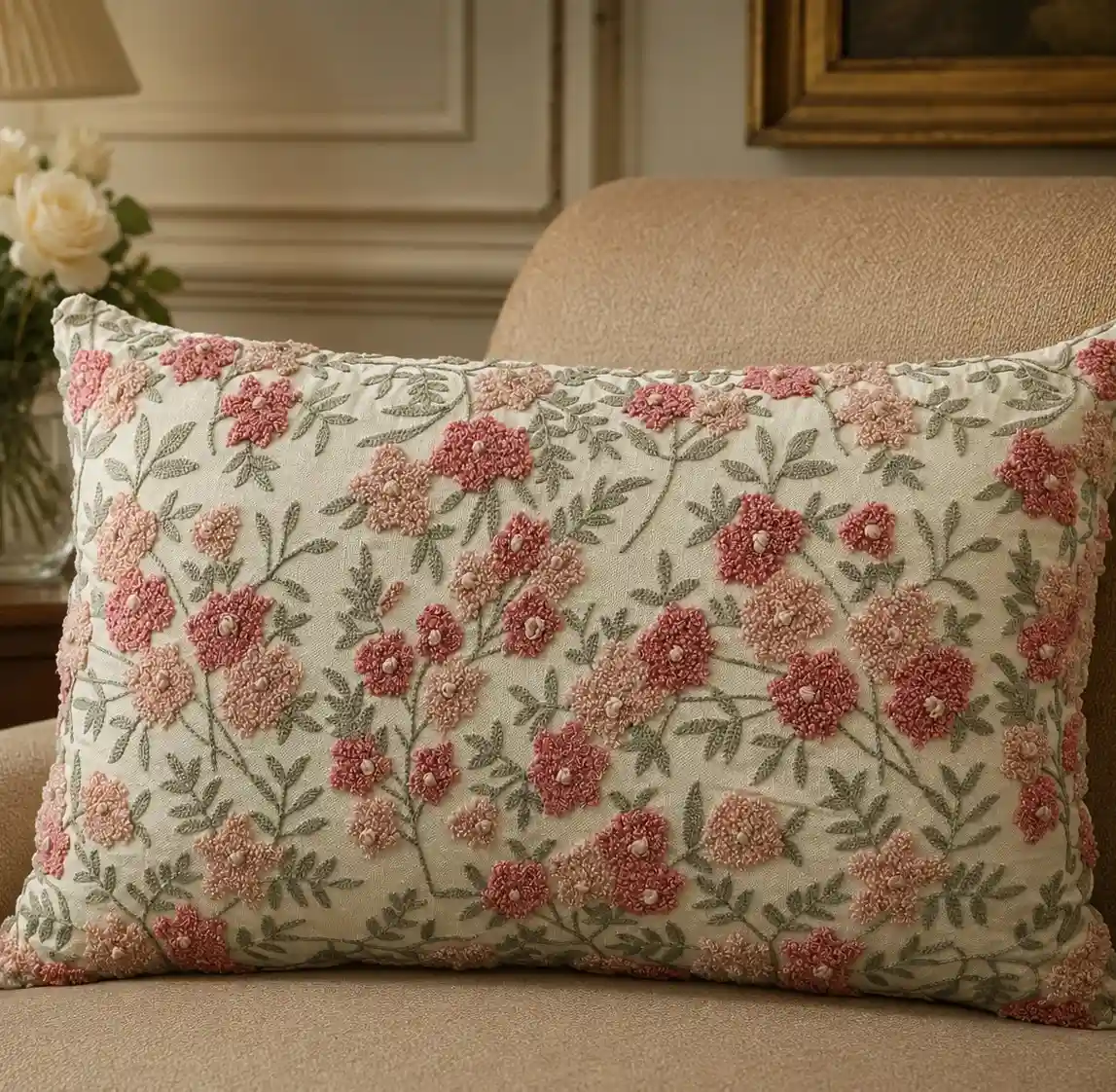 Floral Embroidered Cotton Cushion W/ Filler: Set of 2
