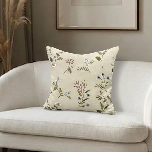 Floral Embroidered Cotton Cushion W/ Filler: Set of 2, Elegant Pastel Thread Work Pillow cover