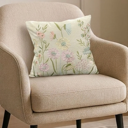 Floral Embroidered cotton cushion W/ Filler: Set of 2 (18 x 18 inch), Elegant Pastel Thread  Work Pillow