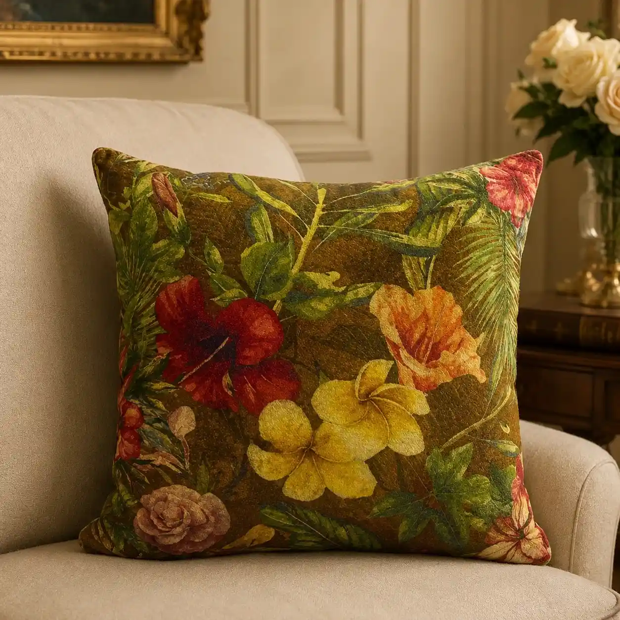 Floral Multicolor Tropical Print Cotton Velvet Cushion W/ Filler: Set of 2