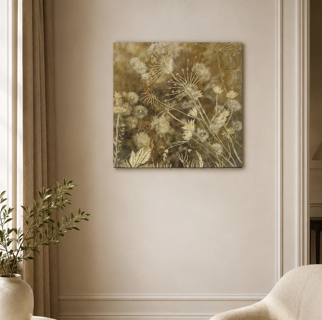 Golden botanical Embroidered wall art Nature inspired modern décor
