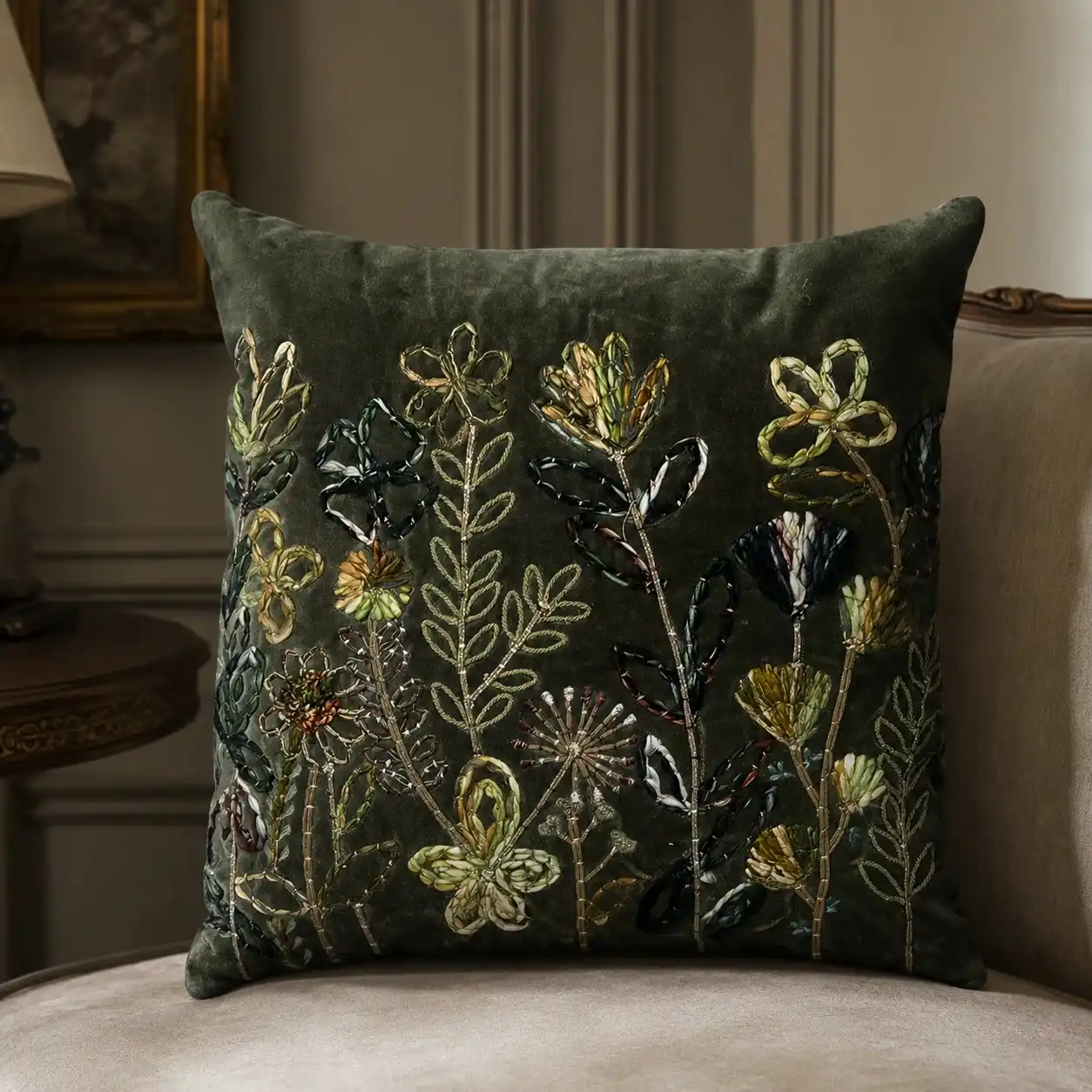 Green Velvet Embroidered Floral Cushion W/ Filler: Set of 2