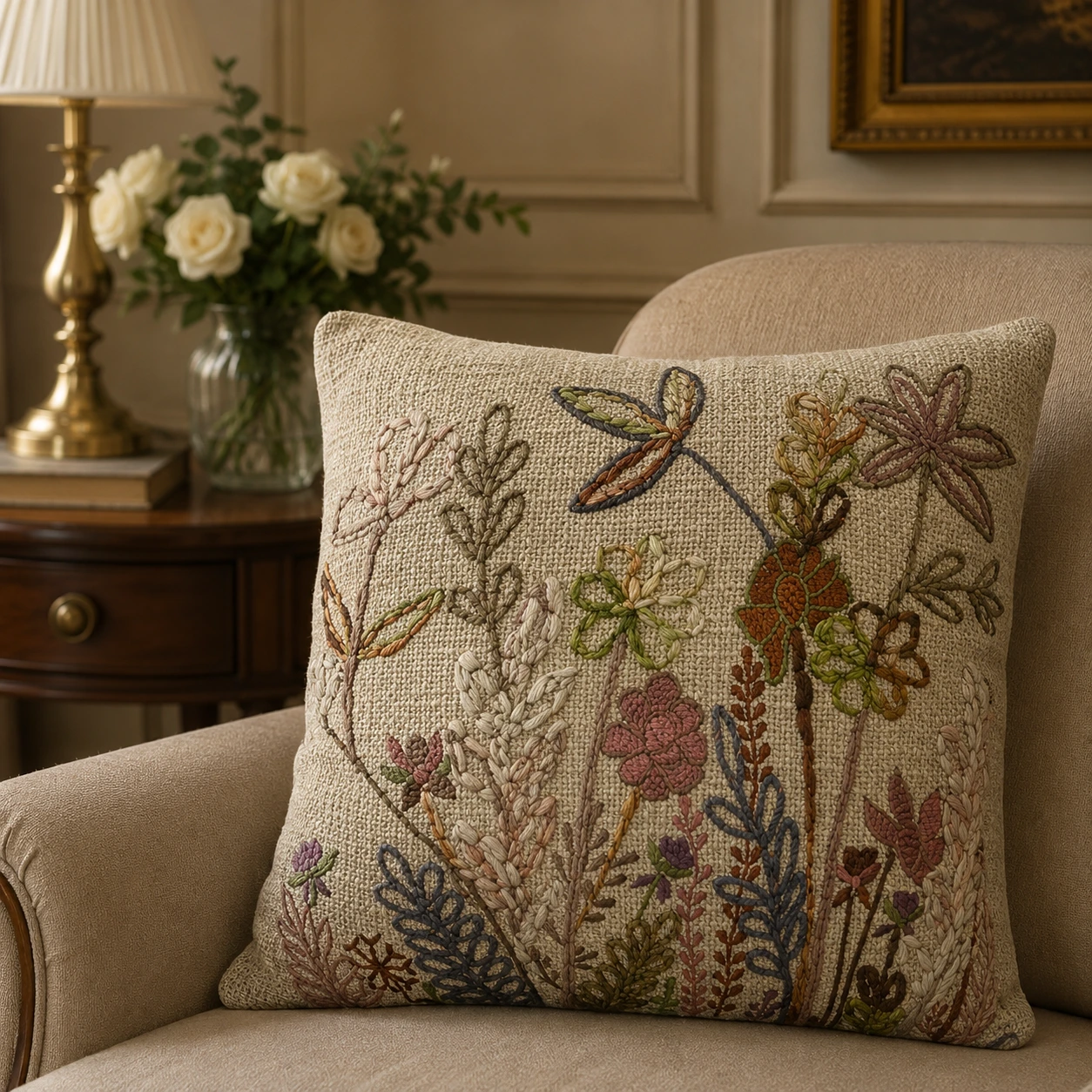Hand Embroidered Botanical Cotton Cushion W/ Filler: Set of 2