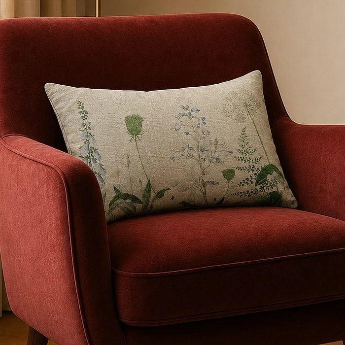 Linen Botanical Printed Rectangular Cushion W/ Filler: Set of 2, Natural beige throw Cushion With Wildflower Design