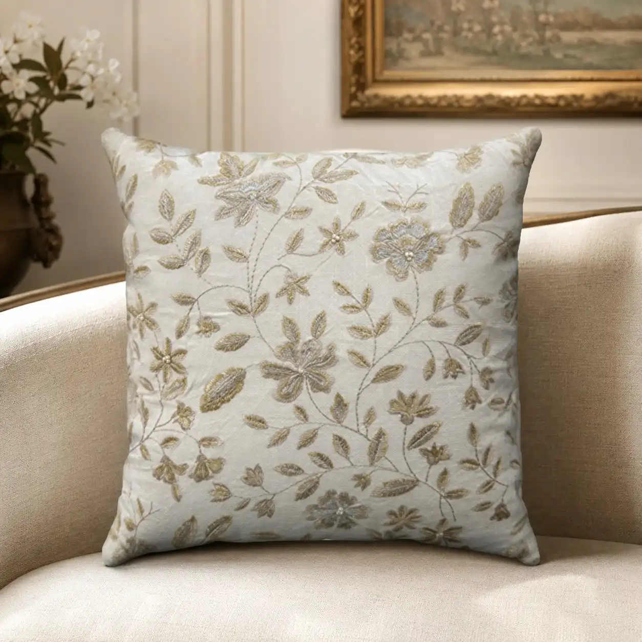 Luxury Beige with Golden Embroidery Cushion W/ Filler: Set of 2 | Elegant Floral Design