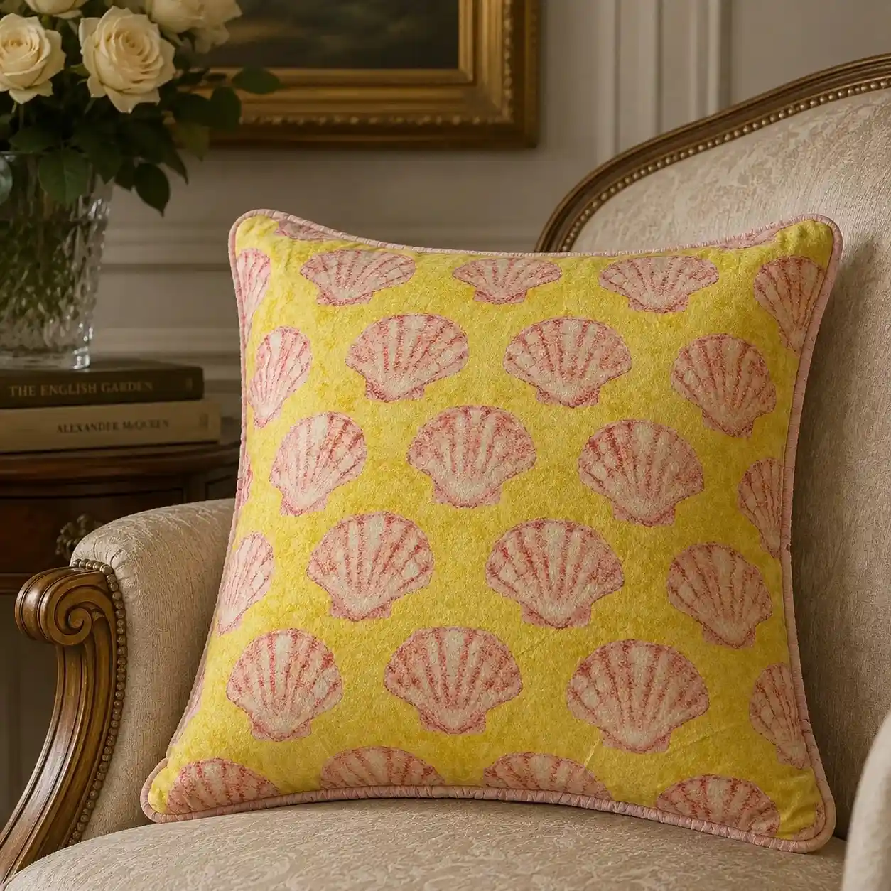 Luxury Pink Shell Print Velvet Cushion W/ Filler: Set of 2, Soft & Stylish Home Décor Pillow Cover (Yellow & Pink)