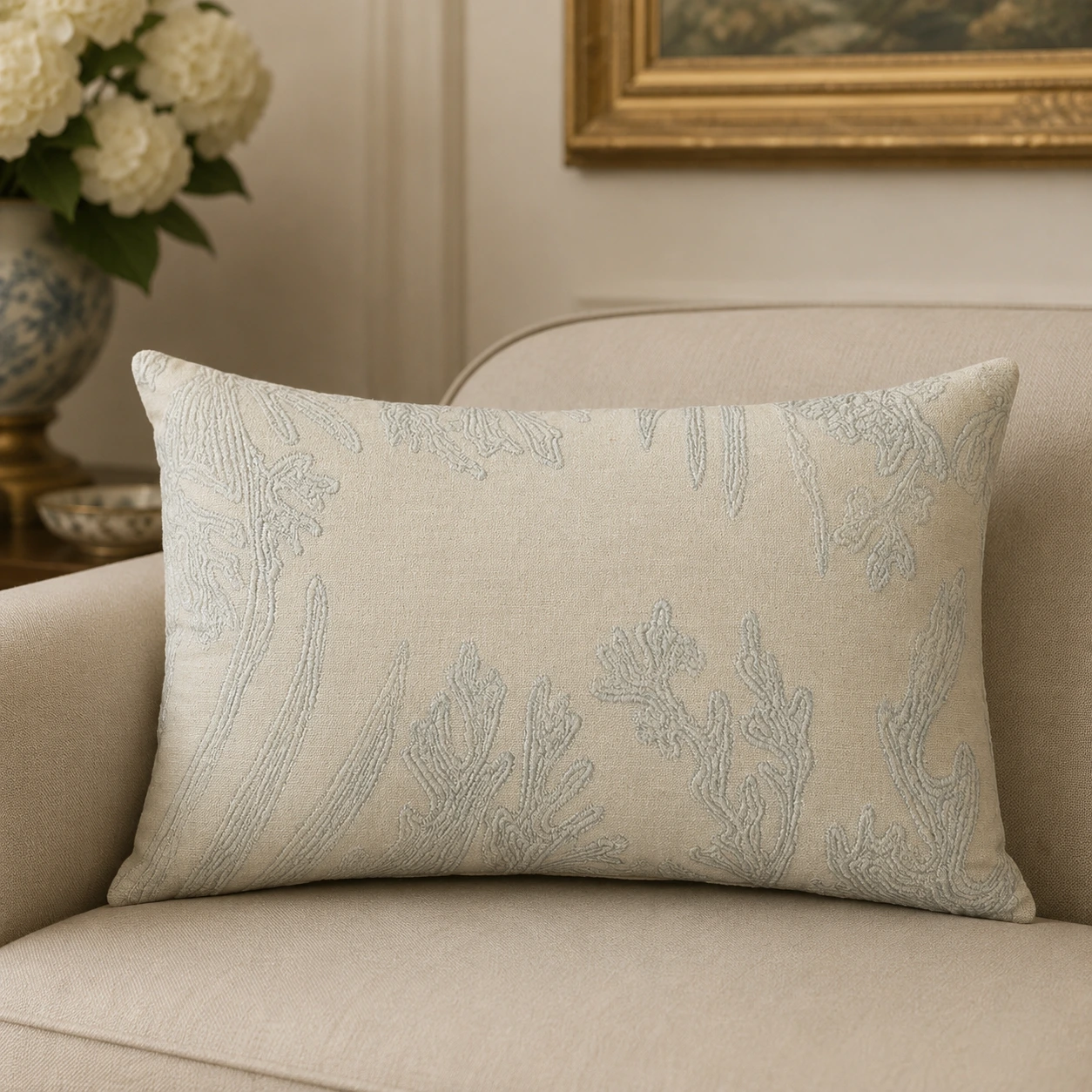 Luxury Textured Leaf Embroidered Cushion W/ Filler: Set of 2