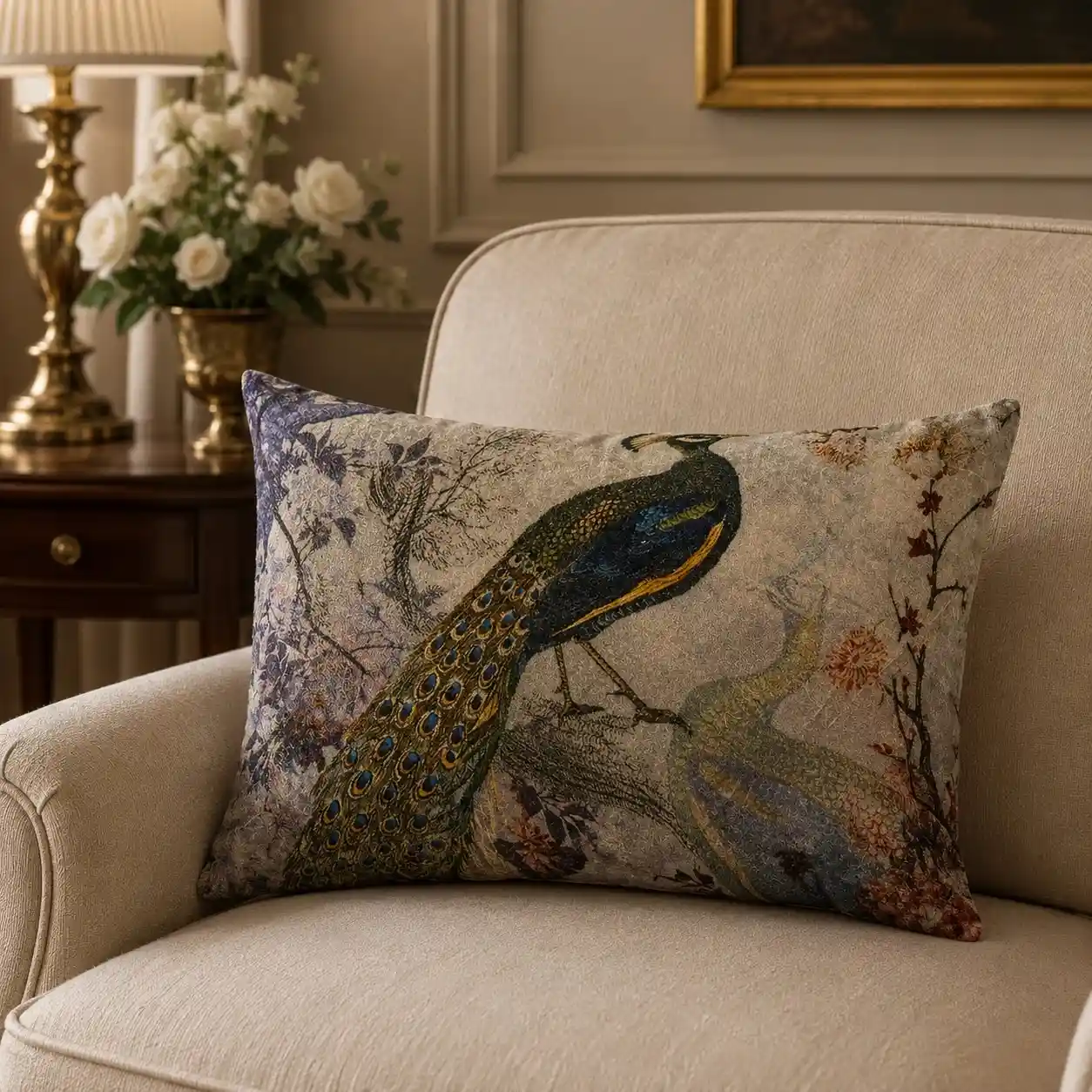 Luxury Velvet Peacock Print Cushion W/ Filler: Set of 2