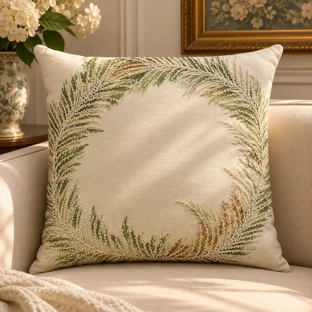 Premium Beige with Berry Leaf Embroidered Cushion W/ Filler: Set of 2